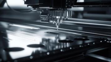 A closeup of robotic laser ting machinery with a focused beam precisely ting through thick sheets of metal demonstrating both the power and accuracy of automation in fabrication photo