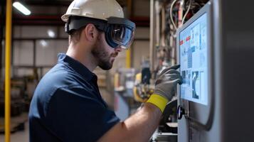 A maintenance worker utilizing AR goggles to see stepbystep repair processes projected onto a machine improving efficiency and reducing downtime during maintenance tasks photo