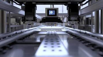 An image of a stateoftheart robotic inspection system equipped with cameras and sensors meticulously scanning products for quality assurance on a sleek metallic assembly line photo