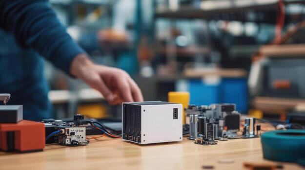 Closeup of a worker configuring a small edge computing module on a production table surrounded by parts and tools illustrating the handson application of technology in manufacturin photo