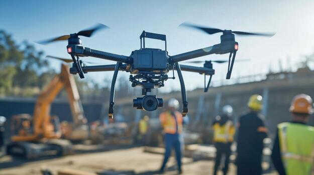 A of drones hovering above a work area equipped with cameras capturing realtime footage and wirelessly transmitting it to a central monitoring unit photo