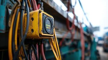 A closeup of a ruggedized sensor mounted on a factory machine wires trailing off actively logging data and sending realtime alerts to a central system photo