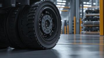 A detailed view of an autonomous transport vehicles wheel assembly highlighting embedded technology and sensors designed for seamless communication over 5G networks set against a backdro photo