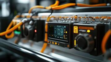 A closeup shot of flexible cables connected to sensor devices on machinery with small screens displaying realtime diagnostic information and alert icons photo