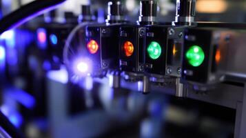 A closeup of various sensors mounted on a production machine blinking LEDs indicating different operational states as data is collected for realtime process adjustments photo