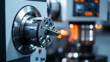 A technician wearing safety goggles holding calipers against a metal part with a blurred background of CNC machines showcasing the precision measurement skills required in modern photo