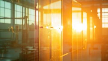 Closeup of sunlight filtering through transparent solar glass embedded in the walls of a factory illuminating the interior workspace while reducing energy costs photo