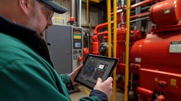 A technician reviewing a 3D model of equipment on a tablet utilizing simulation technology to assess the implications of maintenance decisions proactively photo