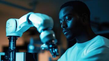 An automated robotic arm performing precision assembly tasks with a worker observing and ready to intervene if necessary showcasing a seamless humanrobot collaboration photo