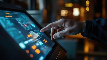 An operators hand tapping a touchscreen interface with vivid notifications appearing in a floating window signaling an emergency maintenance requirement on a machine photo