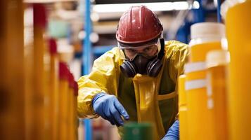 A closeup of an employee wearing gloves and protective gear while carefully checking the chemical storage area ensuring all hazardous materials are labeled and secured according t photo