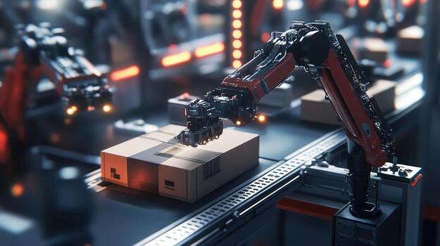 A still shot of a robotic packaging line where machines efficiently box and seal products with a focus on the mechanical movement of arms and belts that streamline the packaging process photo