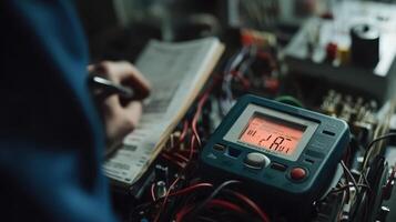 A closeup of a digital multimeter displaying fluctuating readings while connected to a malfunctioning circuit with a technician consulting a troubleshooting guide beside it photo