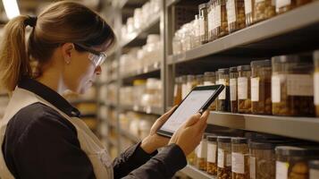 An employee uses a tablet with AR capabilities scanning a shelf of raw materials to instantly retrieve data on availability and consumption rates shown in dynamic graphs photo
