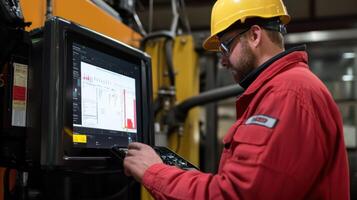 A mechanic using a predictive maintenance tool with a screen showing the condition of machinery through sensor data analytics identifying potential failures before they occur photo