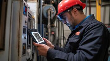 A technician scanning a QR code on a machine with AR glasses receiving digital safety training specific to the equipment and ensuring adherence to best practices photo