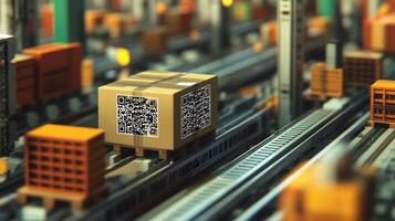 An intricate network of conveyor belts with small QR codes attached to crates capturing the essence of automated tracking in motion photo