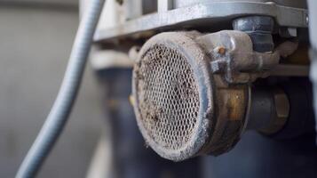 A closeup of a filtered air intake on a compressor showing the accumulation of dust that needs to be addressed to maintain efficiency photo