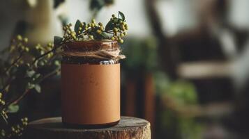 A detailed view of a kraft paper label affixed to a jar the label adorned with plantbased inks and featuring a beautiful handwritten logo photo