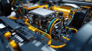 The intricate wiring and components of an autonomous vehicles communication system emphasizing the integration of 5G technology a various sensors and processing units that enable seamles photo