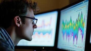 An image capturing the intense focus of a data analyst examining a series of line graphs on dual monitors with complex patterns and trends clearly illustrated in contrasting colors photo