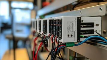 Closeup of a data logger wired to an assembly line illustrating how it aggregates information from multiple IoT devices and streams it through a 5G connection for analysis photo