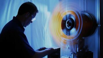 An engineer calibrates a vibration analysis tool next to a spinning turbine capturing the moment when data is recorded for predictive maintenance photo
