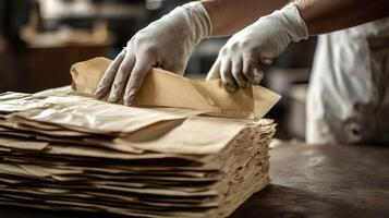 A closeup of a workers gloved hands meticulously stacking oversized envelopes reclaimed for reuse with textures highlighted by the factory lighting photo