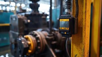 A contrastrich shot of an oillevel sensor attached to a large industrial pump highlighting its importance in routine monitoring to preempt equipment failures photo