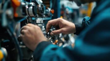 A closeup of a workers hands manipulating equipment with overlayed AR graphics highlighting specific parts needing adjustment and a remote expert communicating through their headset photo