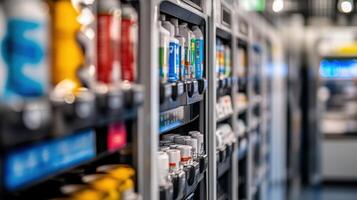A close focus on a smart vending machine filled with maintenance supplies connected to the supply chain to automatically reorder items as they are used demonstrating justintime photo