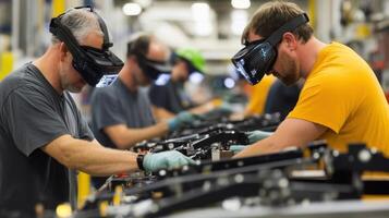 An assembly line setting where workers use AR headsets that overlay digital instructions onto physical assembly parts allowing them to collaborate efficiently and reduce mistakes photo