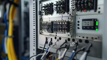 A focused shot of an intricate circuit board within a control panel featuring small antennas poised for 5G signal transmission with interconnected wires showcasing the complexity o photo