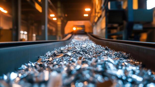 A conveyor belt loaded with scrap metal shavings that are being processed into compact bales with a focus on the sharp edges of the shavings reflecting light illustrating the recyclin photo