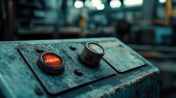 A weathered control button marked Emergency prominently positioned on a factory console with a faint glow indicating its been recently activated due to an alert photo