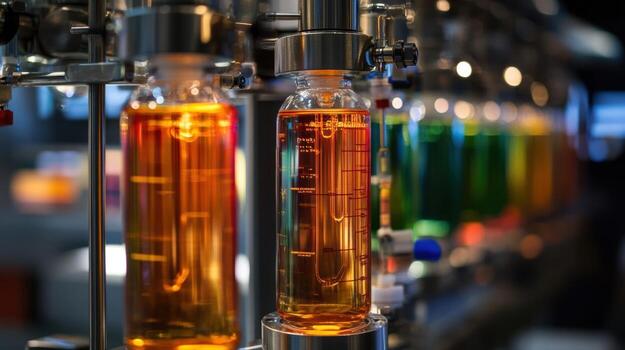A detailed shot of a glass chamber filled with liquid displays of metrics with pipes connecting to various instruments symbolizing the flow of data from diversified sources into a coheren photo