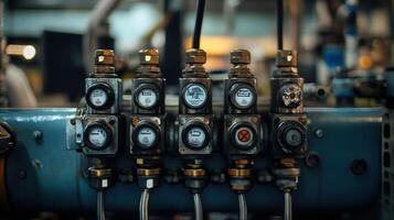 A closeup of valves and control systems on a factory machine with stickers indicating sustainability certifications and monitoring devices recording emissions metrics photo