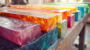 A closeup of a brightly colored biocomposite material being prepared for molding showcasing the different natural fibers mixed with biodegradable resins reflecting innovative approache photo