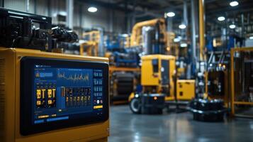 An associative image of a digital display showing predictive maintenance alerts while various machines operate behind it underscoring the benefits of edge computing in ensuring continuou photo
