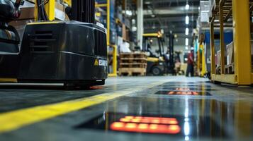A focus on a busy factory floor where AR markers highlight live hazards like electrical panels and moving forklifts helping workers navigate safely photo