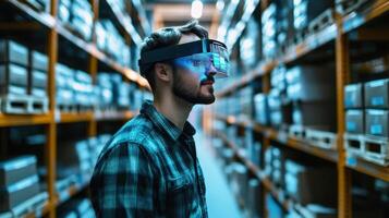 An employee wearing augmented reality glasses engaging with virtual data projections of inventory levels and tracking information overlaid on physical shelves photo