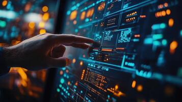A closeup of a technicians hands adjusting a control panel filled with blinking indicators overlaying a transparent interface showing data packets flowing rapidly photo