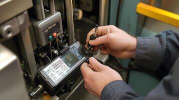 An expert calibrating sensors on a machine ensuring that realtime data is being collected to accurately predict when maintenance is required photo