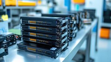 An array of encrypted SSDs stacked neatly on a workbench ready for deployment in a secure 5G network environment emphasizing data protection through physical storage solutions photo