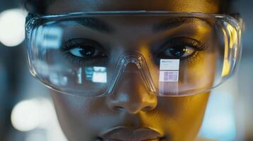 A closeup view of a technicians face reflecting the light of AR goggles as they troubleshoot an issue with their field of vision filled with helpful augmented elements provided by photo