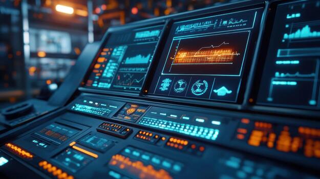 A close view of AR applications overlaying data analytics on a factory dashboard showcasing realtime production rates and anomalies as digital visual elements directly above physica photo