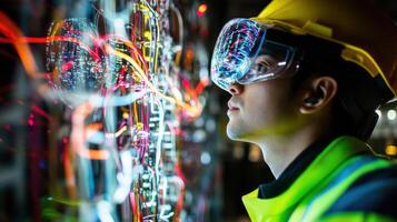 A worker examines intricate wiring seeing augmented reality indicators that highlight potential issues while engaging in consultation with a knowledgeable spet offsite photo