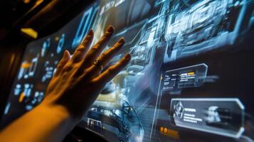 Closeup of an employees hands reaching out to touch a virtual interface projected within a 3D space demonstrating training simulation for operating complex machinery in a safe environment photo
