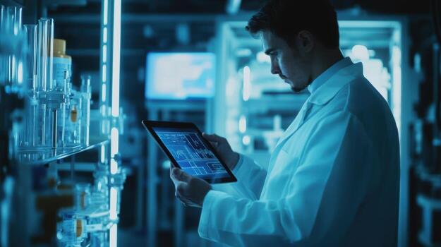 A side view of a technician in a lab coat manipulating a tablet that shows a live feed of a virtual industrial machine alongside its physical counterpart highlighting data synchronization photo