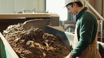 A worker carefully calibrating a machine that processes organic waste into compost with a focus on the intricate machinery and the meaningful transformation of waste into valuable soi photo